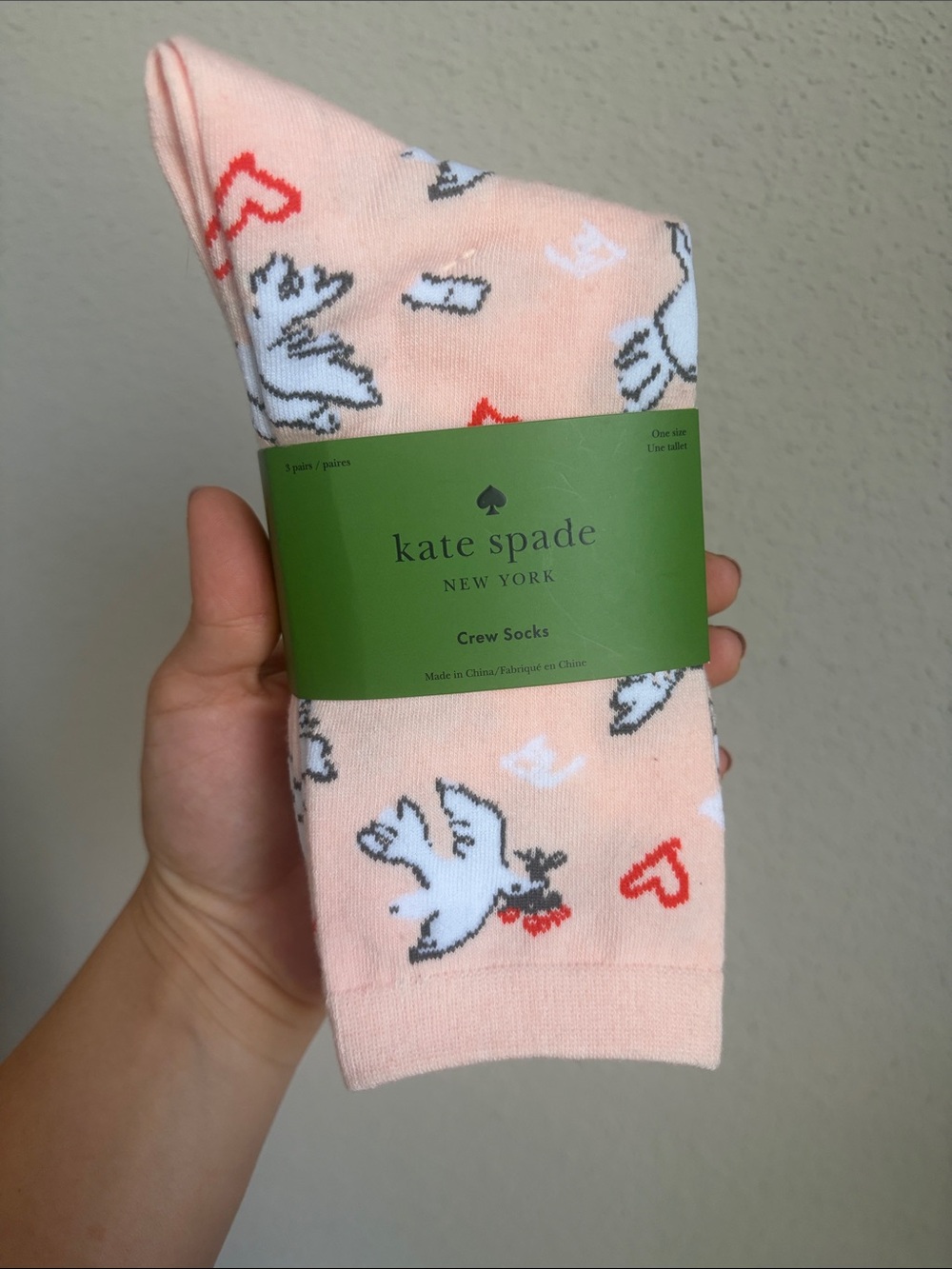 Kate Spade OS Crew Socks with Dove & Heart Motif Set of 3 NWT